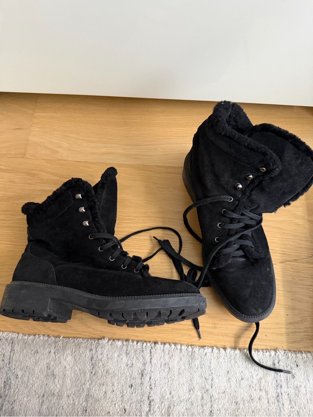 Aquatalia Black Faux-Shearling Lace-Up Ankle Boots